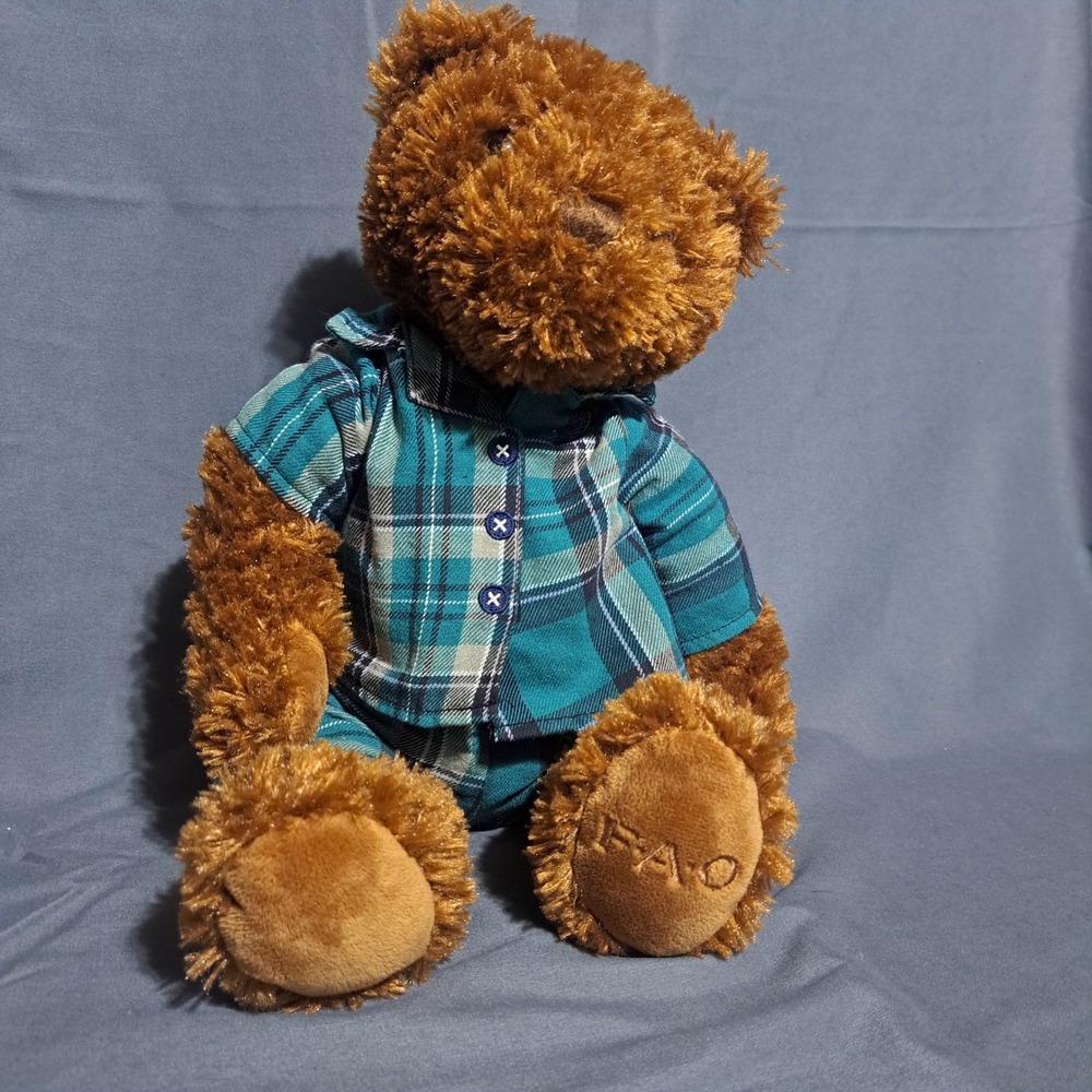 FAO‎ Schwarz 16" Brown Teddy Bear Plush Plaid 2 Piece Pajamas Classic Toy